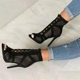 Girlfairy New Fashion Show Black Net Fabric Cross Strap Sexy High Heel Sandals Woman Shoes Pumps Lace-up Peep Toe Sandals Casual Mesh