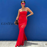 Back To School Backless Hollow Out Maxi Dress Solid Strap Bandage Lace Patcwork Party 2023 Summer