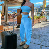 Back To School Elegant Crop Top High Waist Hollow Out Pants Outfit Summer Fashion Solid Color 2Pc