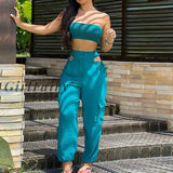 Back To School Elegant Crop Top High Waist Hollow Out Pants Outfit Summer Fashion Solid Color 2Pc