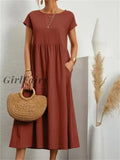 Back To School Elegant Solid Maxi Dress Women Summer Cotton Linen Long Dresses With Pockets Female