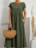 Back To School Elegant Solid Maxi Dress Women Summer Cotton Linen Long Dresses With Pockets Female