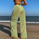 Back To School Fashion Solid Color Big Leaves Mesh Beach Pants Women High Waist Bow Wide Leg Pant