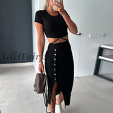 Back to School Female Short Sleeve Slim Office Outfits Elegant O Neck Lace-up Tops+Button Split Skirt Set Summer Solid Color Ribbed Knitted Set