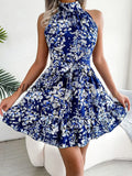 Back To School Floral Print Mini Dresses Women Summer Sleeveless Off Shoulder Halter Dress Female