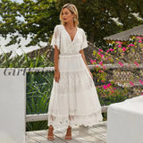 Back To School Hollow Out Elegant White Dress Women Long Lace Cross Semi-Sheer Plunge V-Neck Maxi