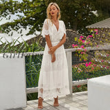 Back To School Hollow Out Elegant White Dress Women Long Lace Cross Semi-Sheer Plunge V-Neck Maxi