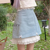 Back To School Kawaii Lolita Blue Mini Skirt Women Japanese Sweet Cute Ruffle Bow Patchwork