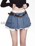 Back To School Korean Denim Micro Skirt Women Y2K High Waist Irregular Patchwork Fake Two-Piece