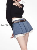 Back To School Korean Denim Micro Skirt Women Y2K High Waist Irregular Patchwork Fake Two-Piece