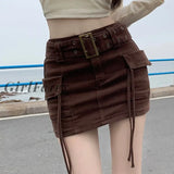 Back To School Mini Cargo Skirt Denim Women Y2K Vintage High Waist Belt Pocket Sexy Slim Pencil