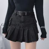 Back to School Punk Black Denim Mini Skirt Pleated Women Grunge High Waisted Pocket Patchwork A-line Jean Skirt E Girl Streetwear