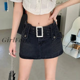 Back To School Punk Denim Micro Skirt Women Y2K Skort Summer Korean Belt Low Waist Slim Black Jeans