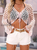 Back To School White Knitted Crochet Cover Up Women Summer Long Sleeve Hollow Out Crop Top Ladies