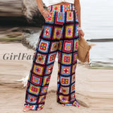 Back to School Women High Waist Ethnic Style Wide Leg Pants Fashion Vintage Graphic Loose Trousers New Colorful Plaid Pockets Street Long Pants