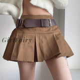 Back To School Y2K Vintage Belt Pleated Skirt Women Summer Korean High Waist A-Line Mini Casual
