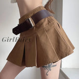 Back To School Y2K Vintage Belt Pleated Skirt Women Summer Korean High Waist A-Line Mini Casual
