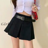 Back To School Y2K Vintage Pleated Mini Skirt Women Summer Gyaru Black Belt Patchwork A-Line High