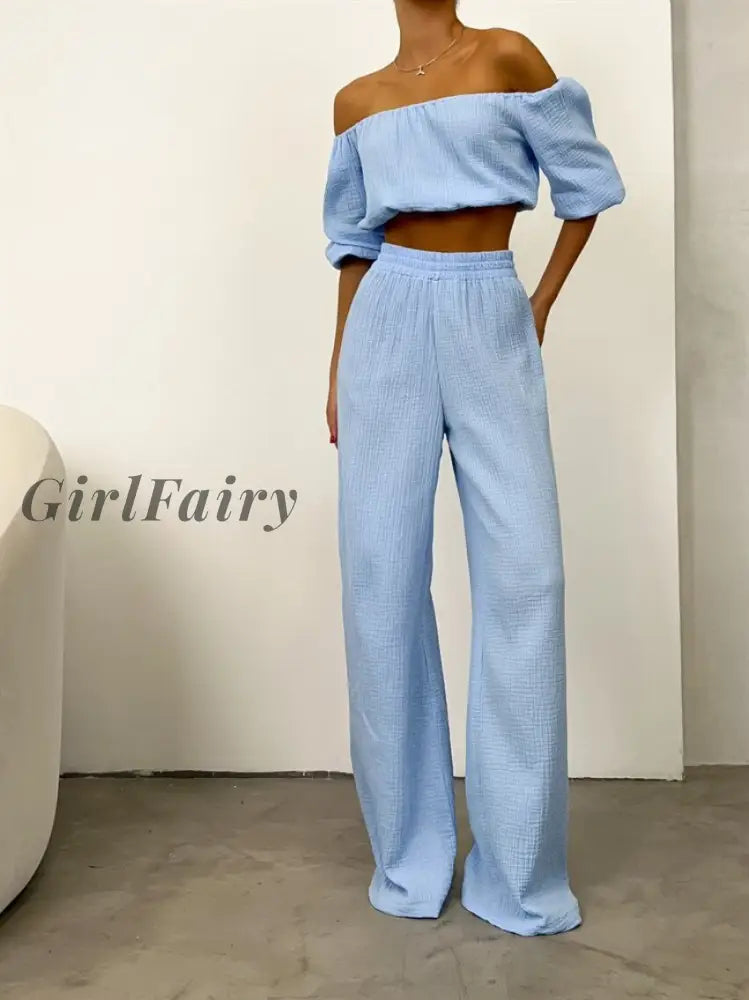 Girlfairy 100% Cotton O-Neck Tanks Summer Crop Tops Women 2 Pieces Sets Ladies Elastic High Waist