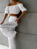 Girlfairy 100% Cotton O-Neck Tanks Summer Crop Tops Women 2 Pieces Sets Ladies Elastic High Waist Wide Leg Pants Suits Outfits