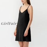 Girlfairy 100% Cotton Womens Dresses Sexy Spaghetti Strap V-Neck Black White Yellow Elegant Dress