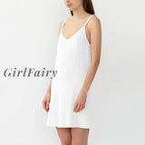 Girlfairy 100% Cotton Womens Dresses Sexy Spaghetti Strap V-Neck Black White Yellow Elegant Dress