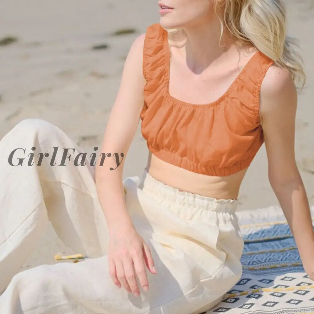Girlfairy 100% Linen Women Crop Top Stretchy Sleeveless Harajuku Streetwear Beach Holiday Corset