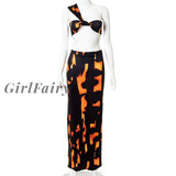 Girlfairy 2 Piece Set Women Flame Printed One Shoulder Backless Crop Tops +Wrap Hip Maxi Skirt