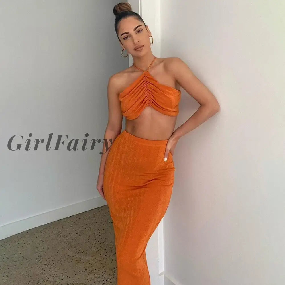 Girlfairy 2 Piece Set Women Midi Skirt Sets Summer Sexy Ruched Halter Backless Crop Tops +Split Wrap