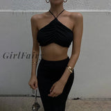 Girlfairy 2 Piece Set Women Midi Skirt Sets Summer Sexy Ruched Halter Backless Crop Tops +Split Wrap