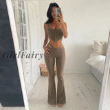 Girlfairy 2 Piece Sets For Women Ribbed Crop Tank Top & Wide Leg Pants Matching Set Solid Womens