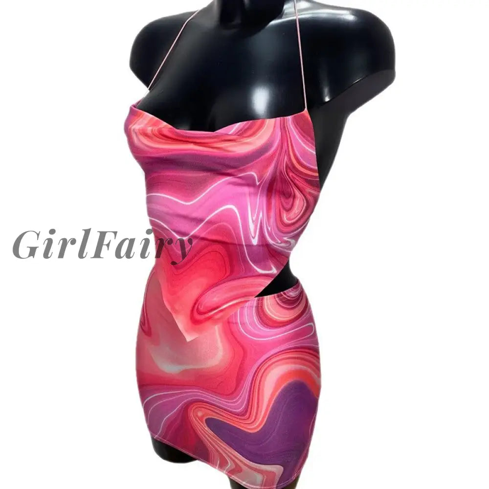 Girlfairy 2 Piece Swamp Print Cowls Neck Tank Top Women Sexy Backless Halter Crop Tops+Mini Skirt