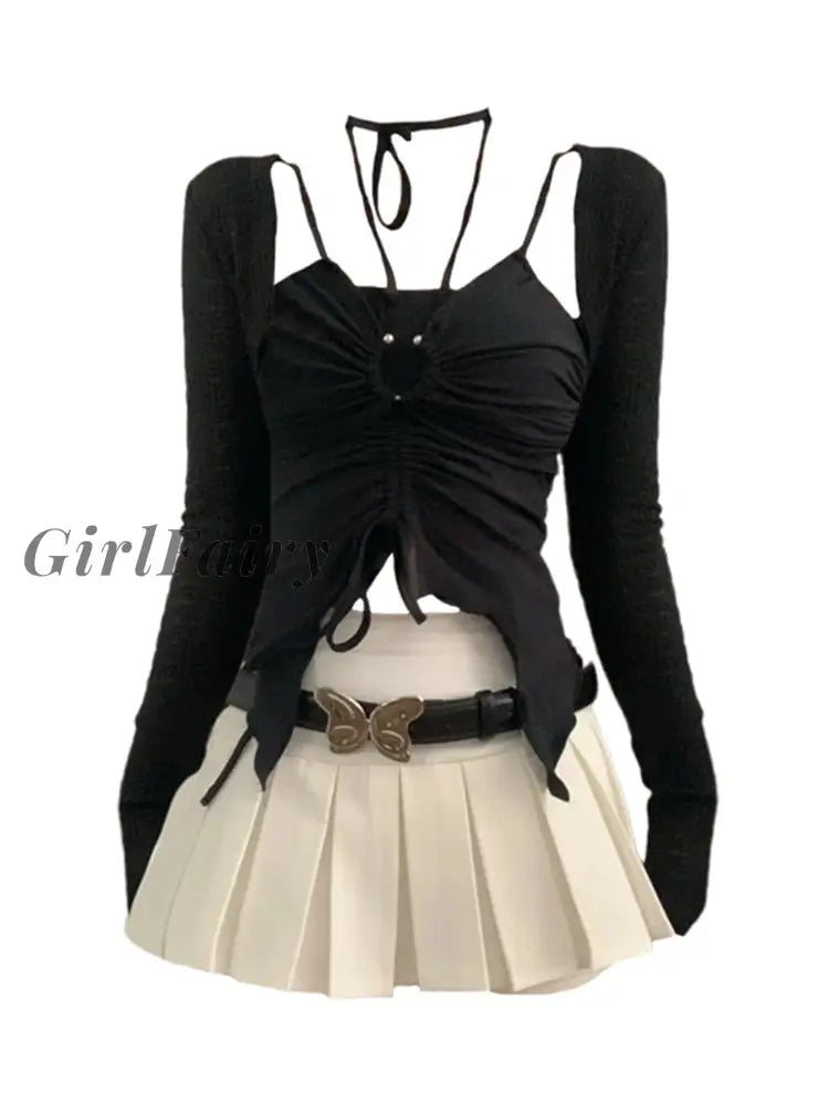Girlfairy 2000S Aesthetics Summer Fashion Gyaru Women Outfits 2 Piece Skirt Set Plaid V-Neck Crop