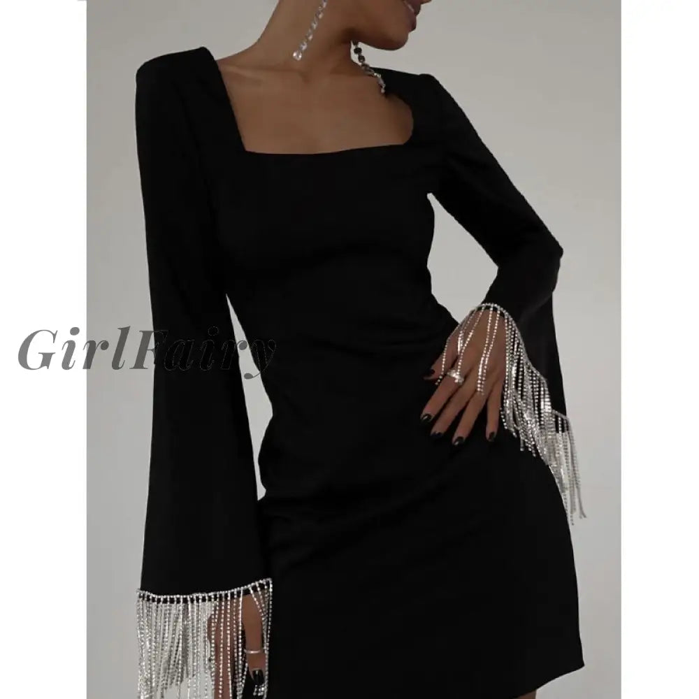 Girlfairy 2023 Autumn And Winter Square Neck Diamond Chain Tassel Backless Dress High-Quality