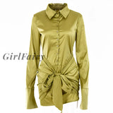 Girlfairy 2023 Autumn Long Sleeve Turn Neck Button Dresses For Women Sexy Loose Bandage With Skirt
