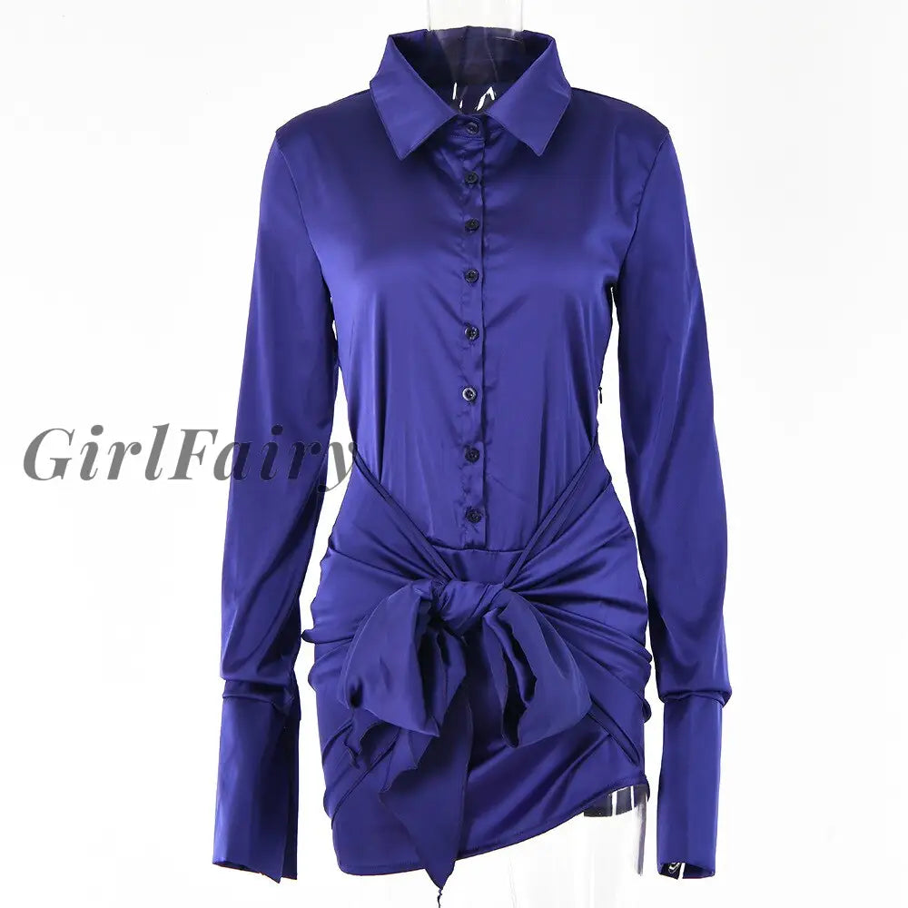 Girlfairy 2023 Autumn Long Sleeve Turn Neck Button Dresses For Women Sexy Loose Bandage With Skirt