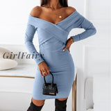 Girlfairy 2023 Autumn Off Shoulder Slim Mini Dress Casual Bodycon Women Long Sleeve Cross Blue Party