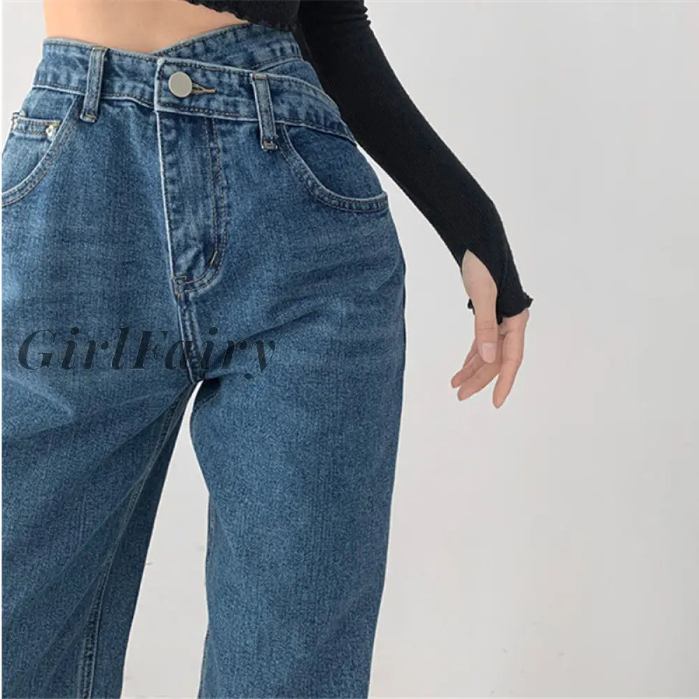 Girlfairy 2023 Autumn Winter High Waist Blue Jean Women Vintage Wide Leg Fashion Denim Pants Casual