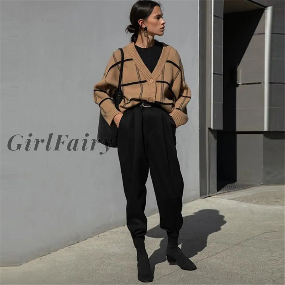 Girlfairy 2023 Autumn Winter Korean Casual Women Y2K Plaid Knitted Cardigans Sweater Loose Long