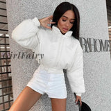 Girlfairy 2023 Autumn Winter Solid Padded Cotton Jacket For Women Zipper Cropped Coats Loose Oversized Casual Warm Korean Outerwear
