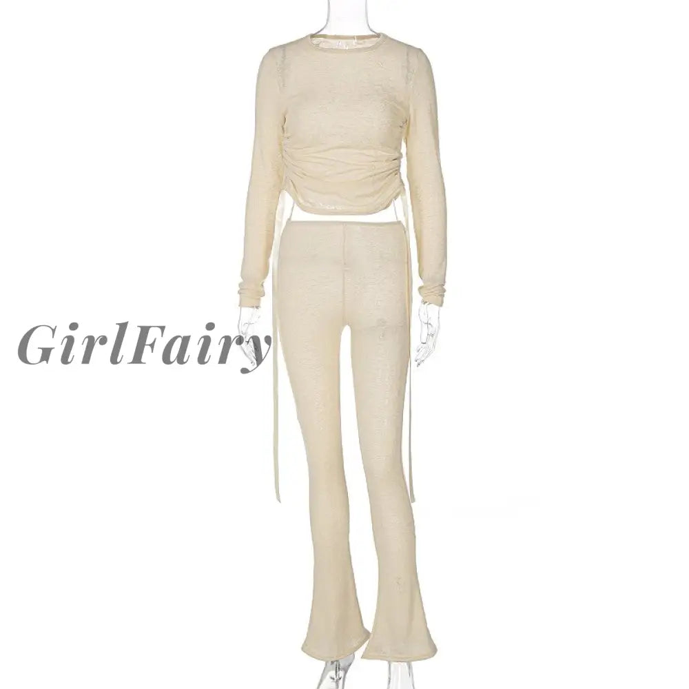 Girlfairy 2023 Autumn Winter Solid Ruched Knitted Two Piece Set For Women Long Sleeve Drawstring T