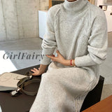 Girlfairy 2023 Autumn Winter Turtleneck Sweater Dress Solid Color Fashion Casual Loose Simplicity