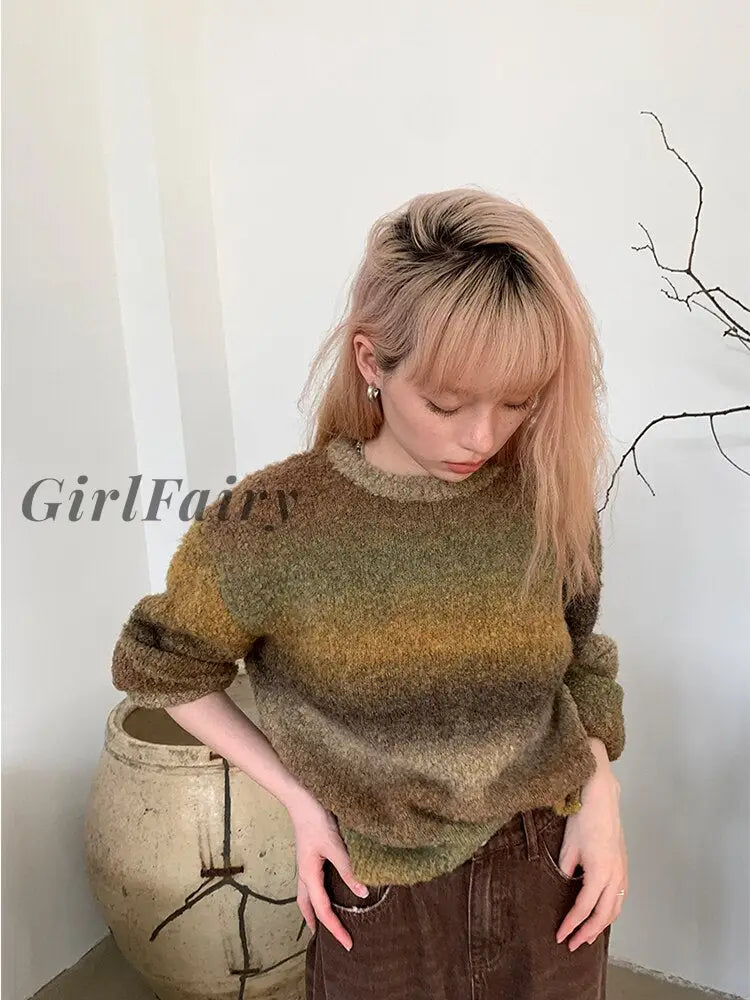 Girlfairy 2023 Autumn Winter Women Retro Gradient Striped Aesthetic Knitwear O-Neck Long Sleeve