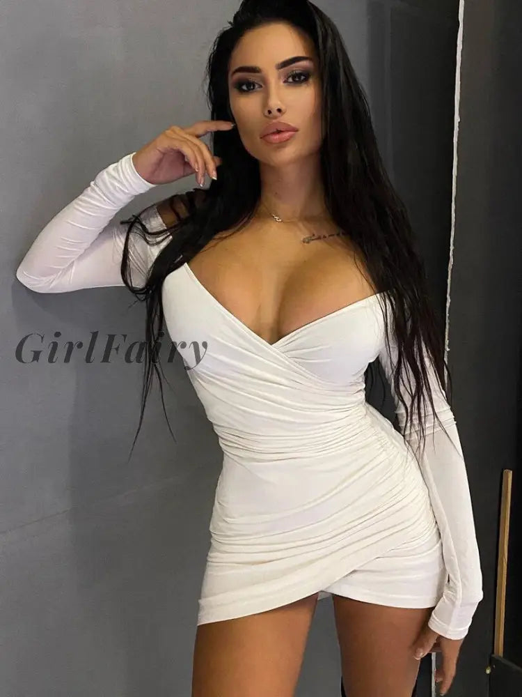 Girlfairy 2023 Autumn Winter Women Solid Long Sleeve Ruched Mini Dress V Neck Slit Bodycon Sexy