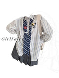 Girlfairy 2023 Autumn Women New Vintage Striped Patchwork Over-shirt Baggy Long Sleeve Oversize Female Blouses Design Preppy Style Chic