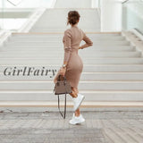Girlfairy 2023 Autumn Women Round Neck Slim Dress Elegant Long Sleeves Midi Button Split Casual