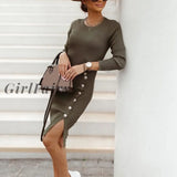 Girlfairy 2023 Autumn Women Round Neck Slim Dress Elegant Long Sleeves Midi Button Split Casual
