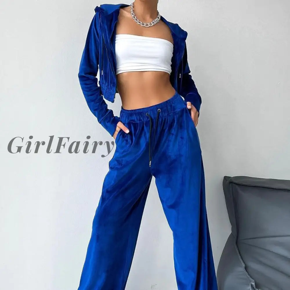 Girlfairy 2023 Autumn Womens Fashion Sports Hoodie Straight-Leg Pants Gold Velvet 2-Piece Suit
