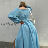 Girlfairy 2023 Early Autumn Sexy Slit Dress Womens Cotton Crepe Mid-Length Skirt French Long-Sleeved
