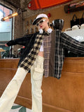 Girlfairy 2023 Early Autumn Women New Vintage Plaid Turn-down Collar Over-shirt Long Sleeve Streetwear Loose Patchwork Harajuku Blouses